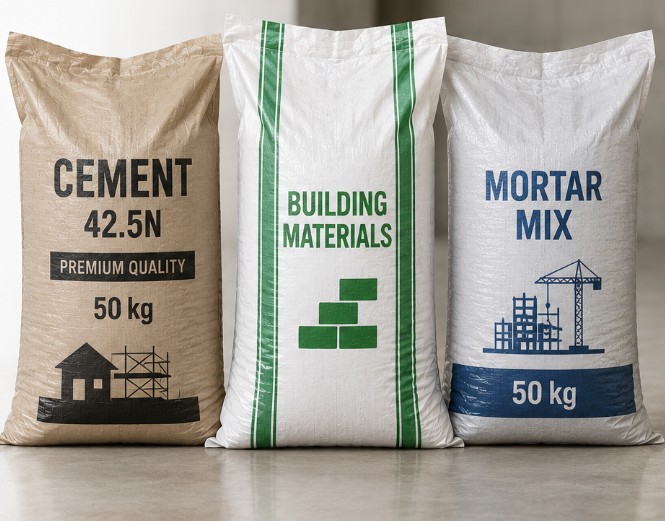 Building construction representing woven construction material bags