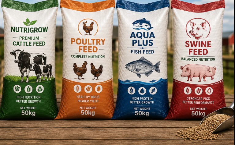 Cattle representing custom-printed animal-feed woven bags