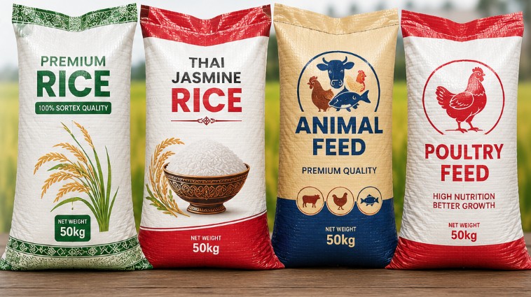 Retail products representing branded rice, feed and agricultural packaging