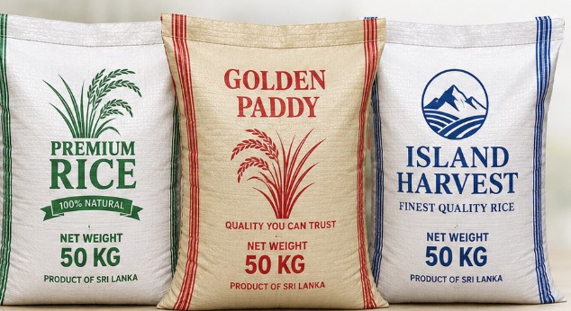 Branded packages representing custom-printed woven rice bags