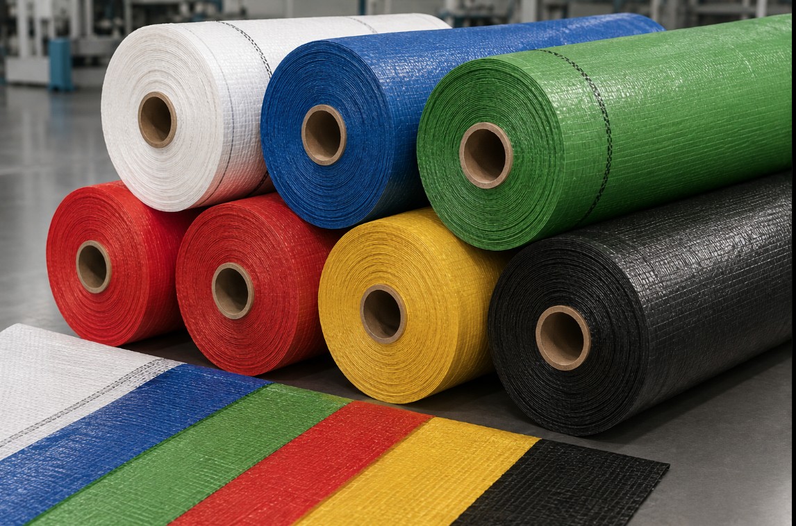 Textile material representing polypropylene woven fabric rolls