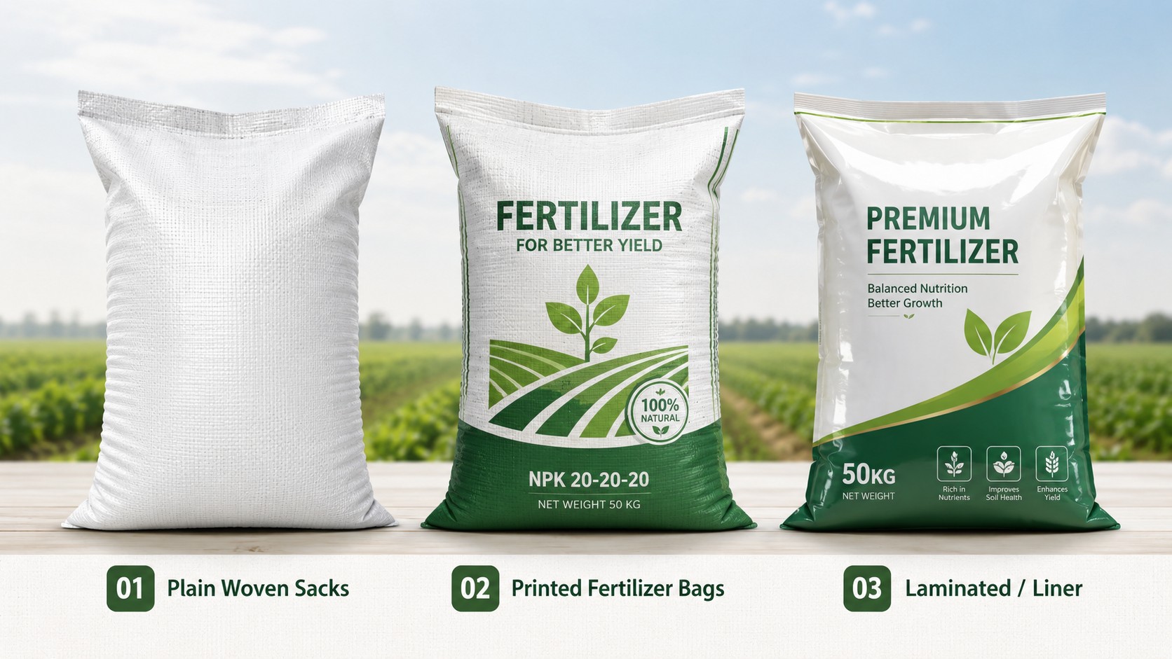 Agricultural field representing plain PP woven fertilizer sack applications