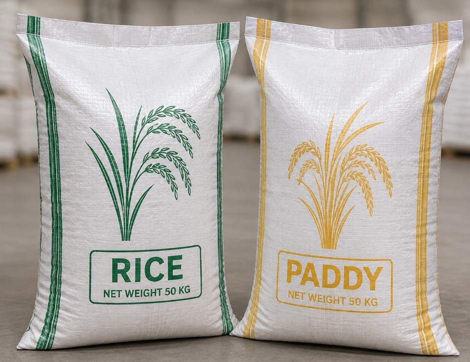 Rice grains representing woven rice and paddy bag packaging