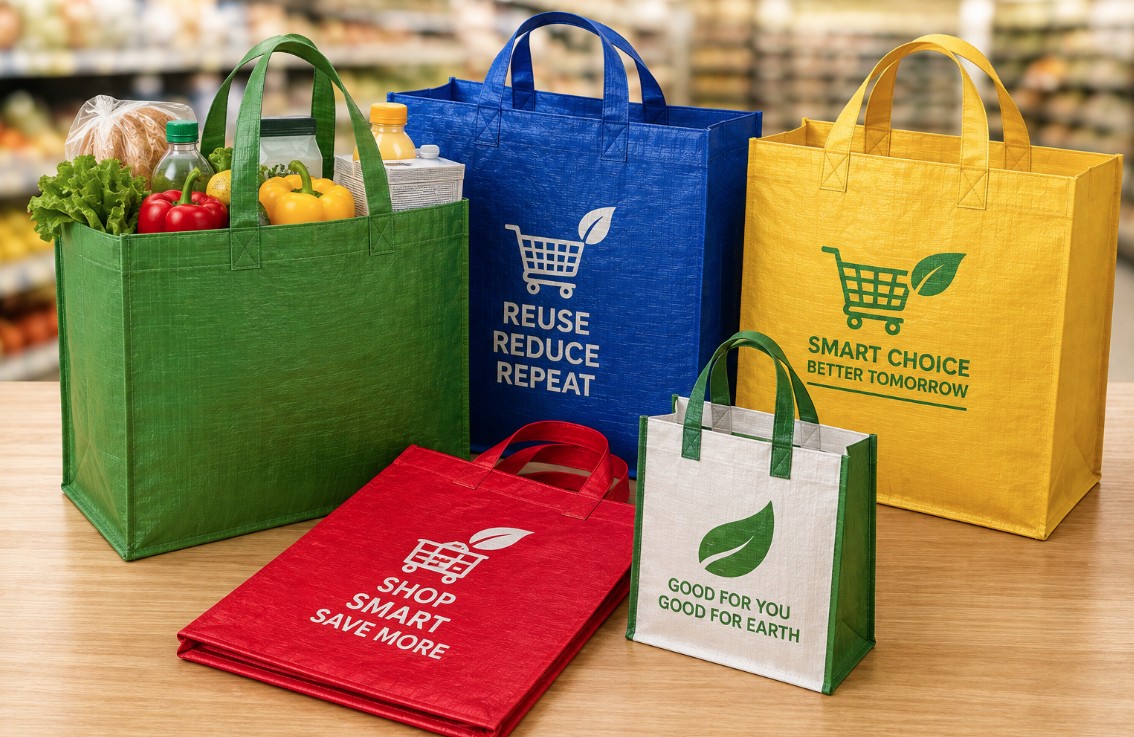 Supermarket interior representing reusable woven supermarket shopping bags
