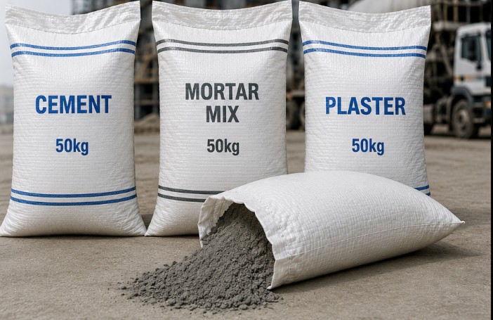 Building construction representing woven sacks for cement-related materials