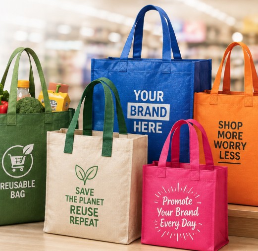 Retail supermarket setting for reusable shopping bags